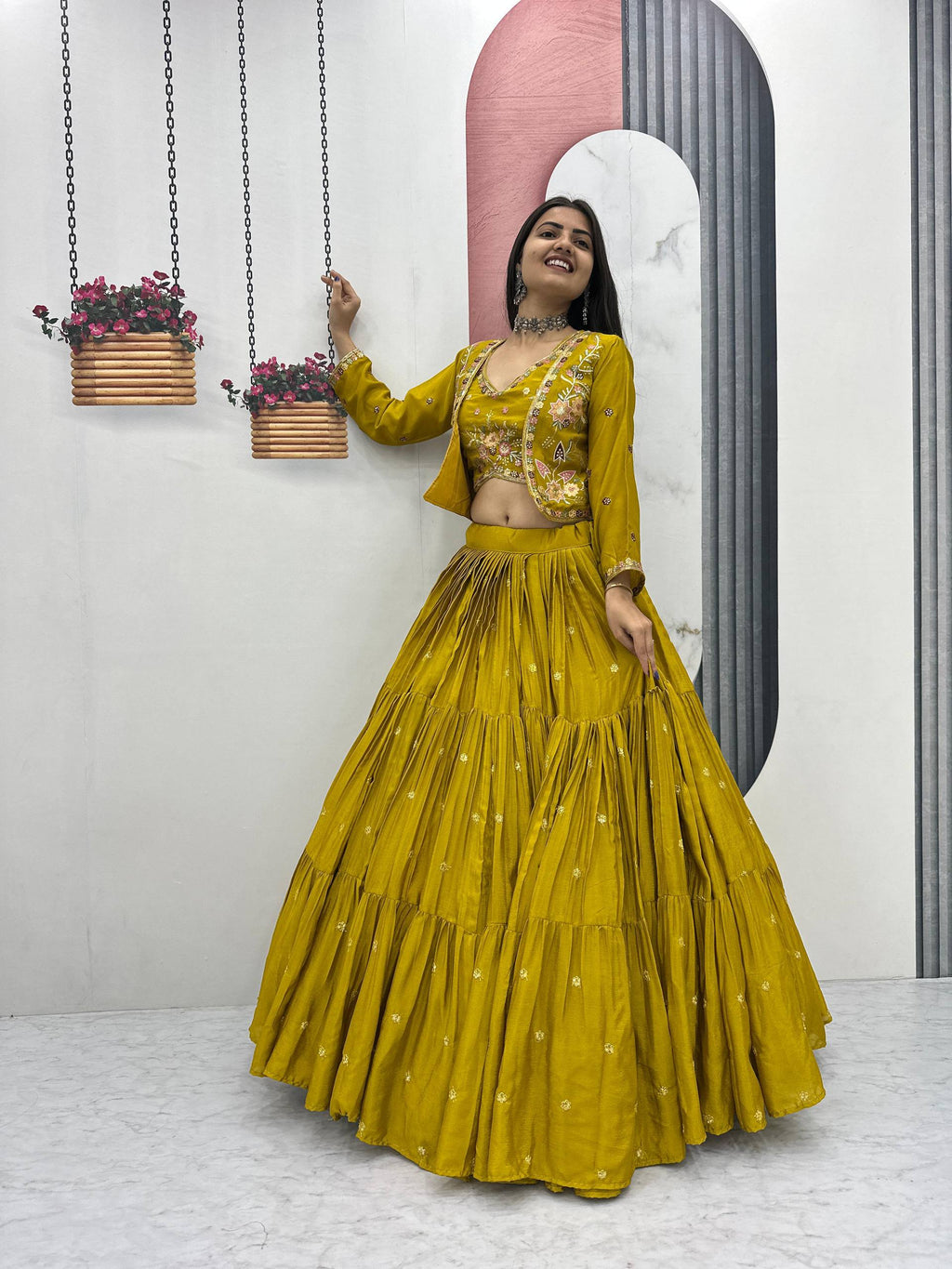 Mustard yellow chinon embroidered crop top lehenga with designer jacket