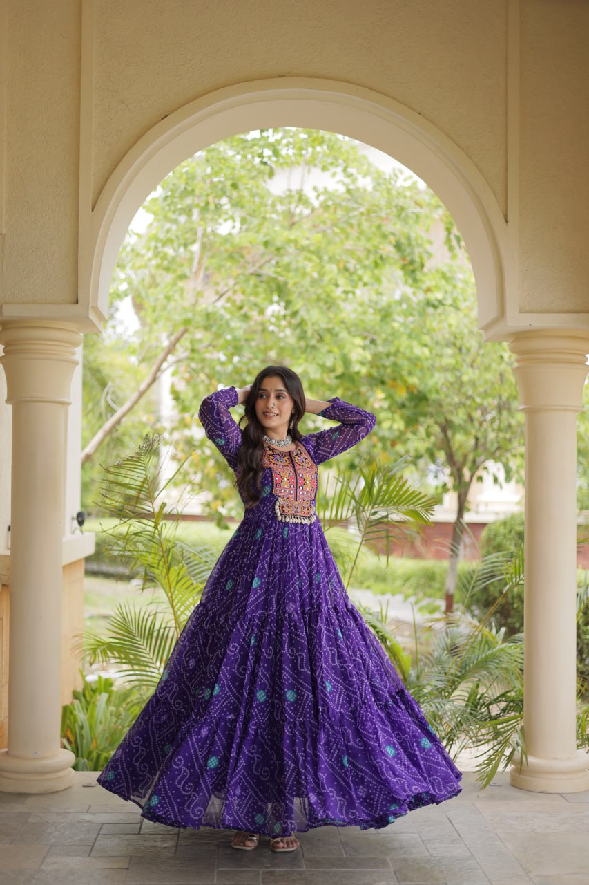 Ira Purple Faux Georgette Bandhani Kutchi Patchwork Gown