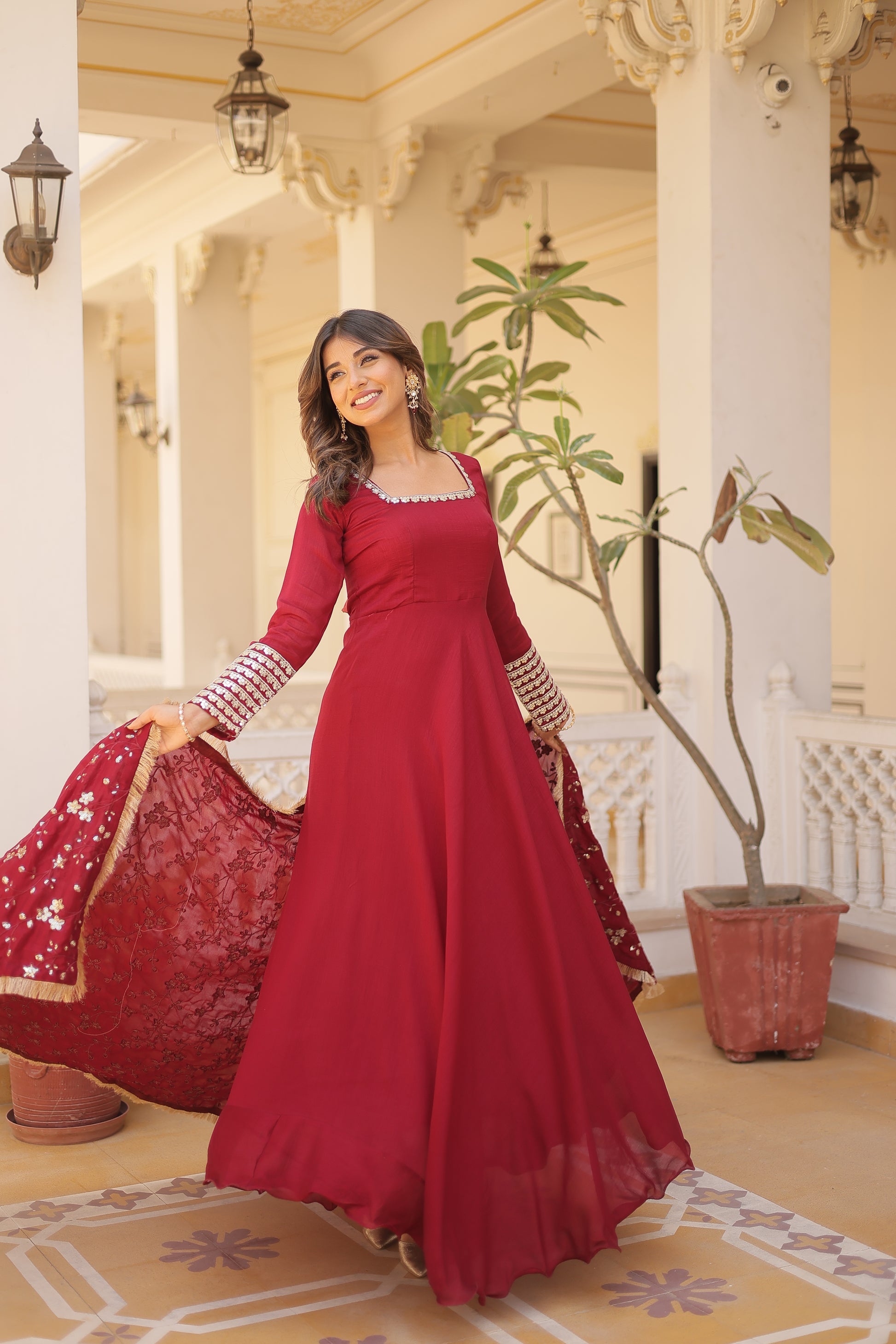 Aparajita Maroon Vichitra Silk Anarkali Gown Set