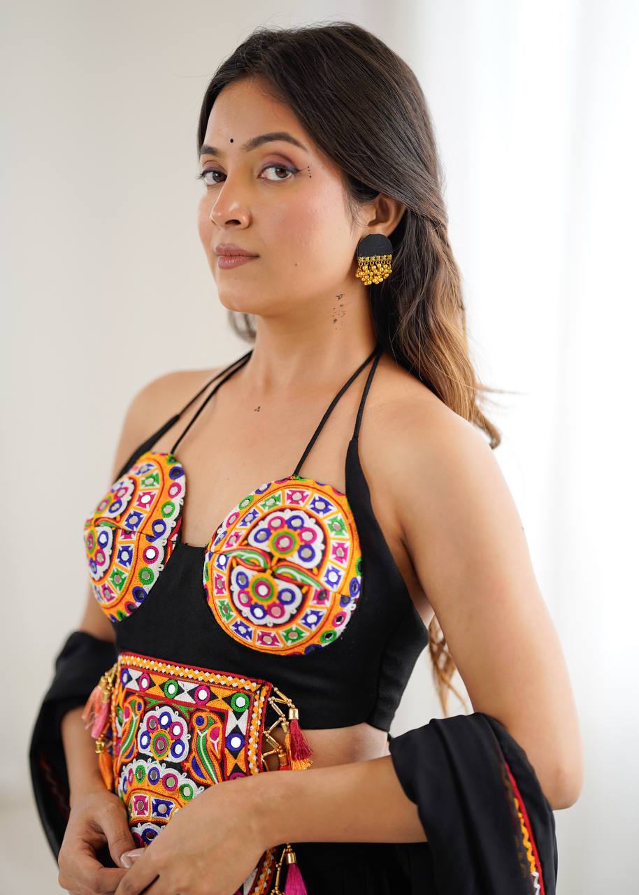 Black Rayon Gamthi Thread Mirror Work Navratri Lehenga Choli with Dupatta