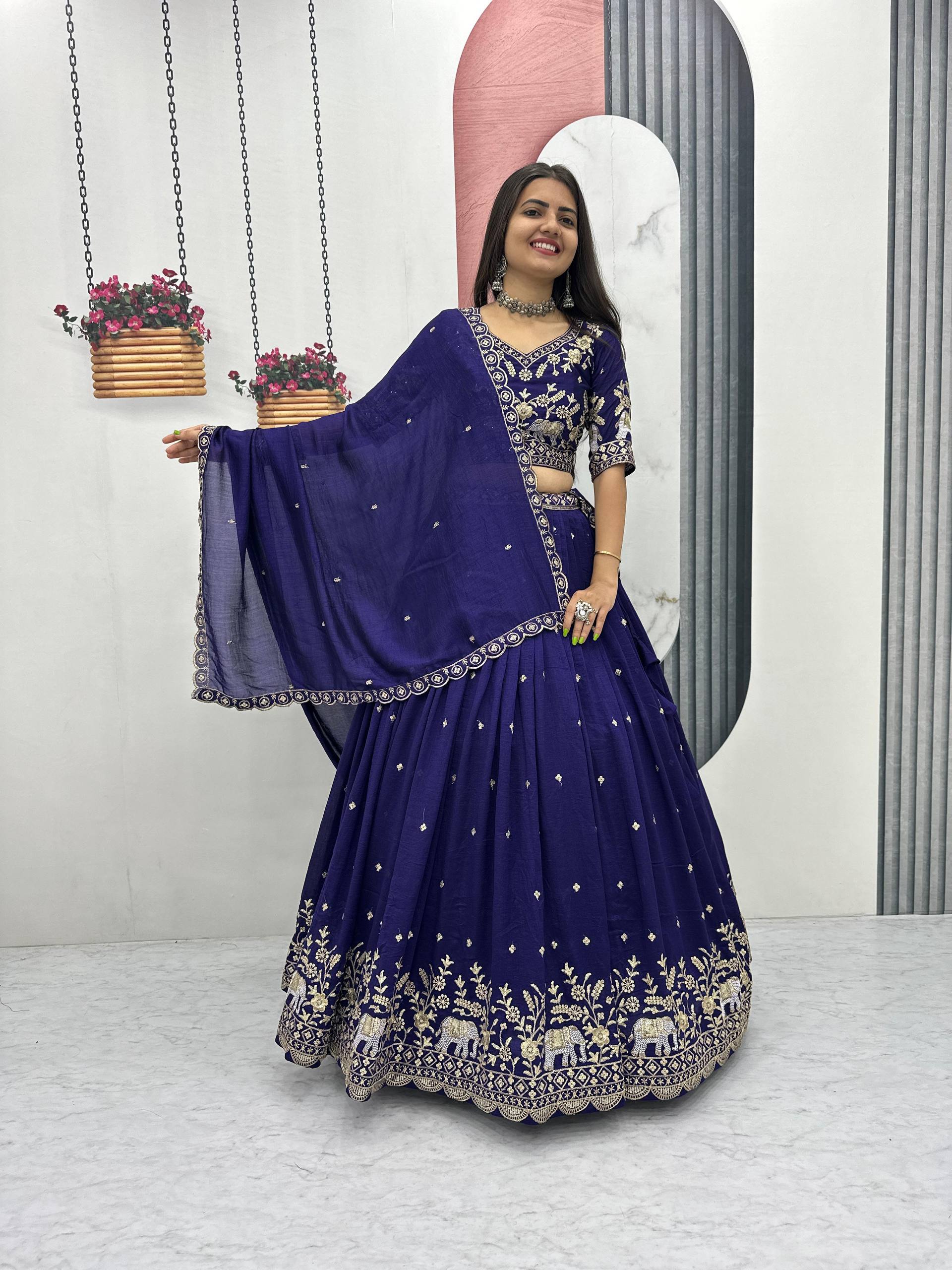 Gopi Navy Blue Vichitra Silk Embroidery Sequins Thread Work Lehenga Choli