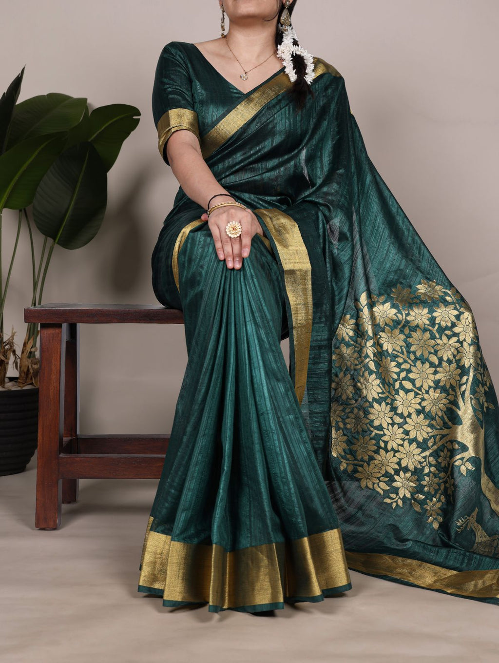 Green Color Raw Silk Zari Weaving Saree with Unstitched Blouse