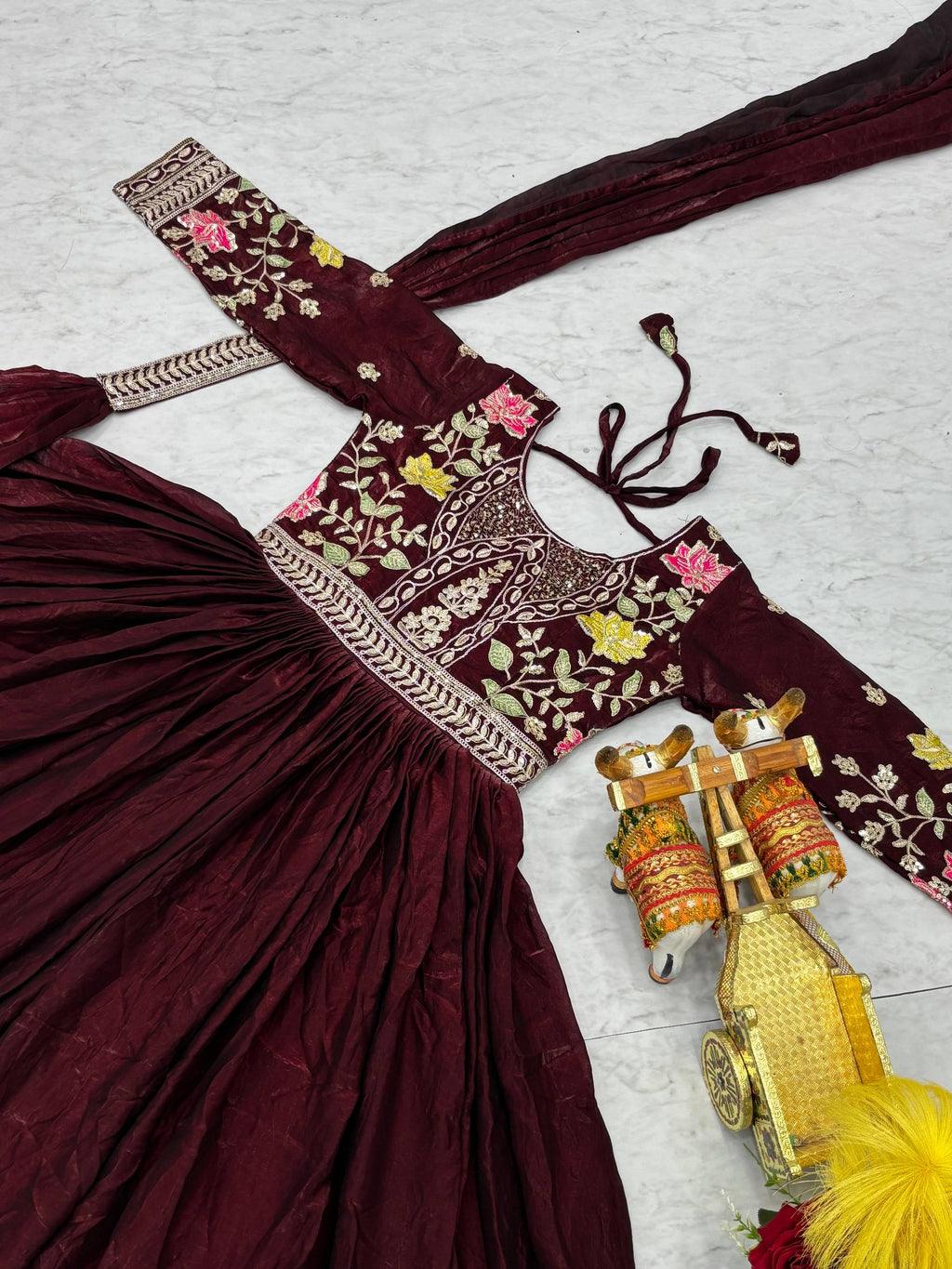 Dipa Wine Color Fendy Silk Embroidery Sequins Thread Work Gown with Dupatta