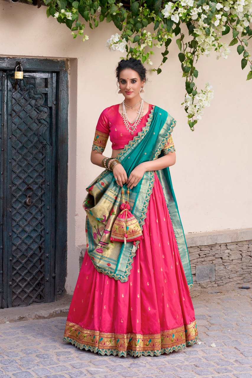 Shop Bright Pink Jacquard Silk Paithani Lehenga Choli with Dupatta & Batwa. Zari weaving, sequins work & 3.80m flair. Perfect for bridal & festive wear.