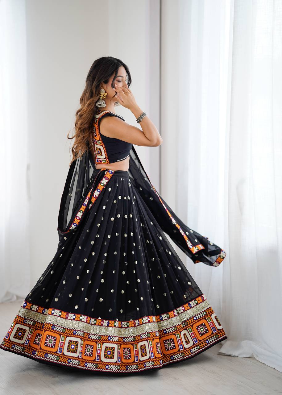 Black Georgette with Gamthi Thread Mirror Work Lehenga Choli with Dupatta
