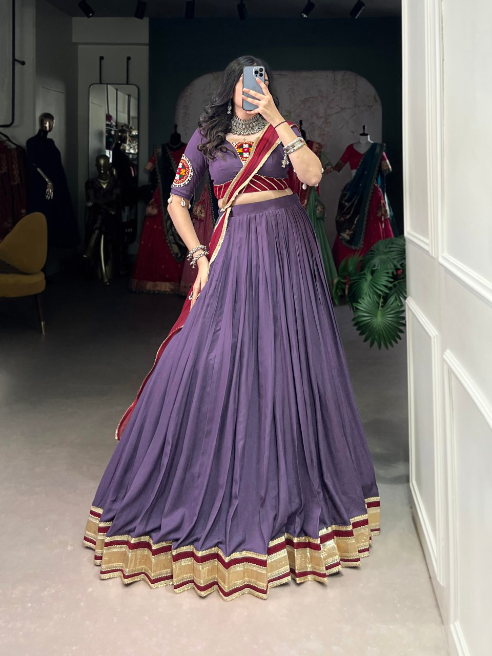 Mauve purple rayon lehenga choli with mirror Gamthi embroidery and dupatta