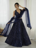 Navy blue georgette sequins and dori work lehenga choli with dupatta