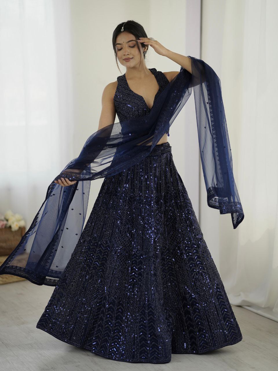 Navy blue georgette sequins and dori work lehenga choli with dupatta