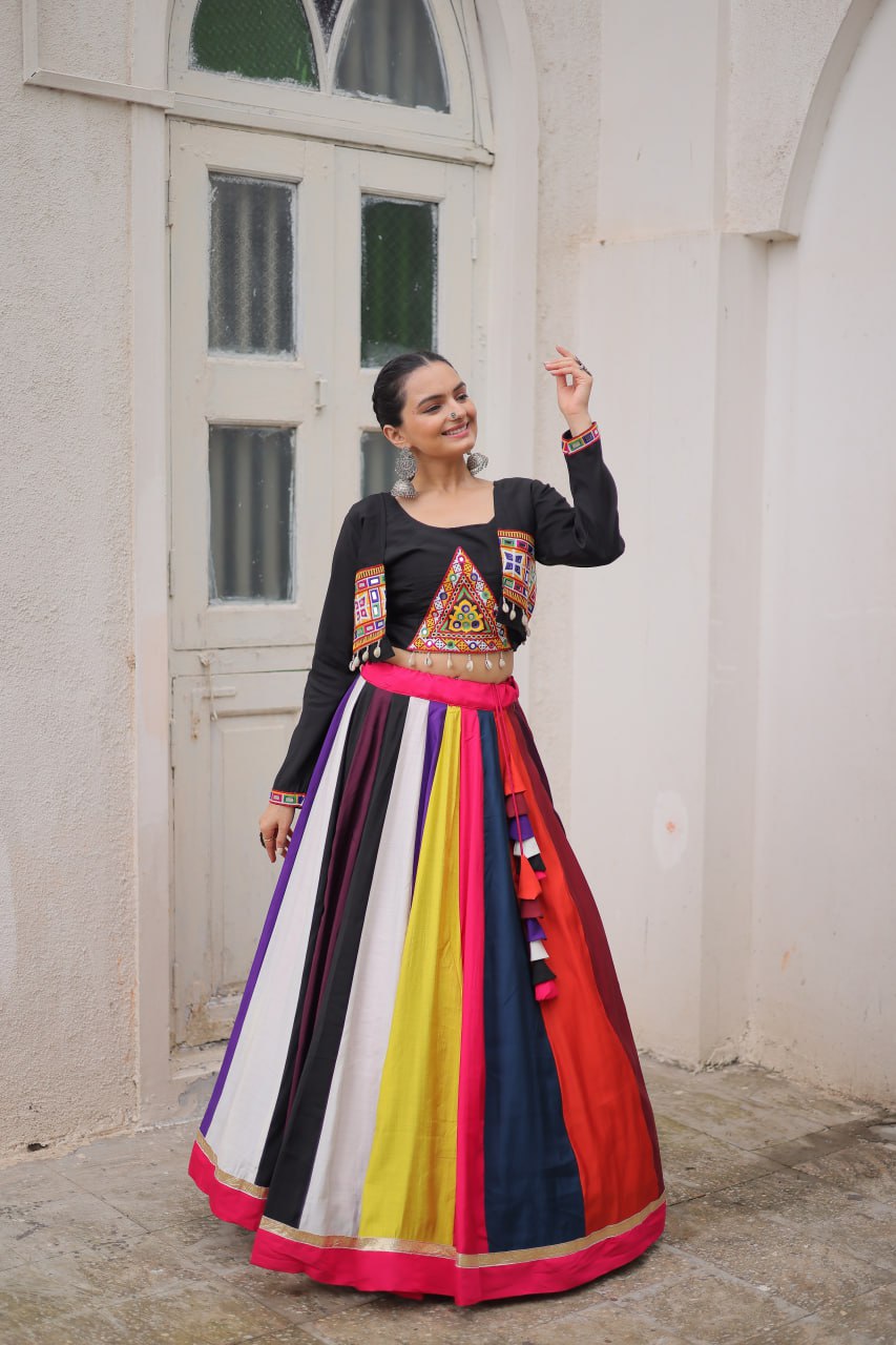 Multicolor Pure Rayon Navratri Lehenga Choli with Koti Style Blouse