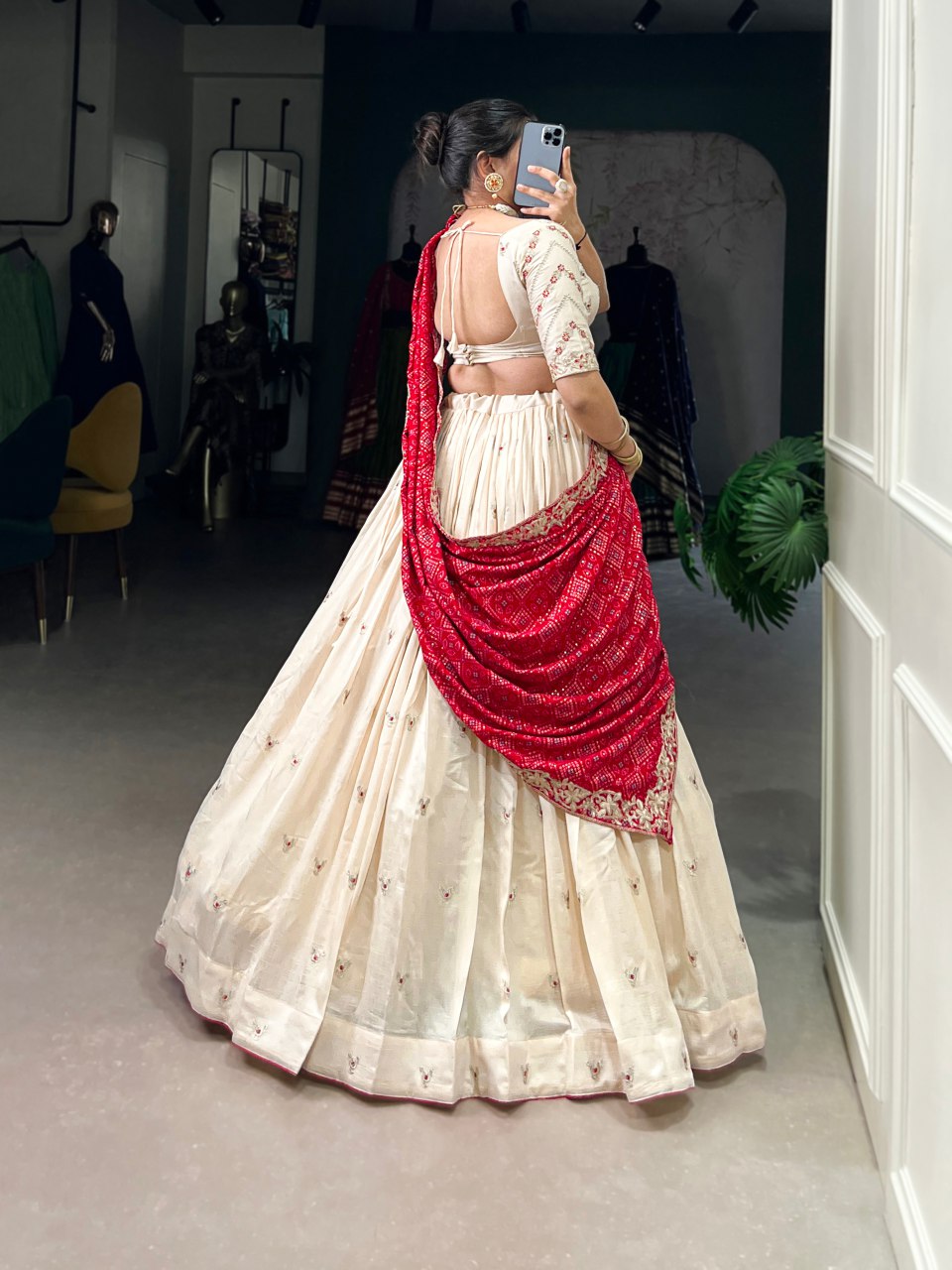 Off-white Vichitra silk embroidered lehenga choli with Bandhej dupatta