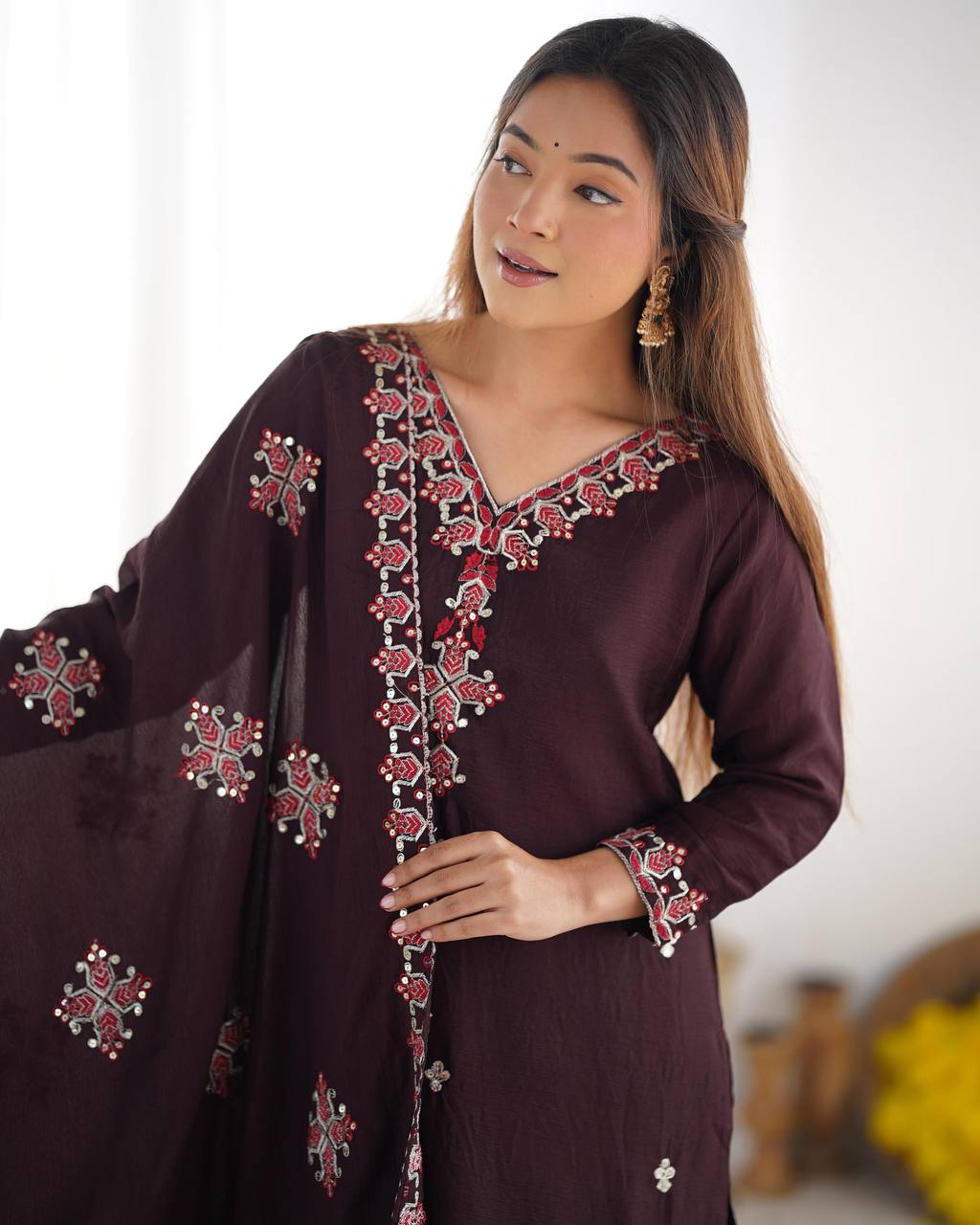Anvitha Brown Chinon Silk Kurti Set with 5mm sequin embroidery, lace detailing & dupatta – festive ethnic wear for women.
