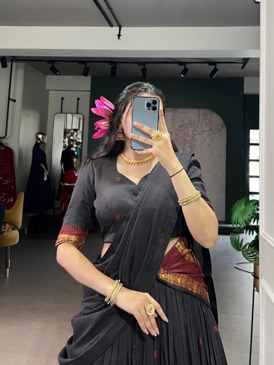 Black Color Pure Chanderi Zari Weaving Half Saree Lehenga Choli