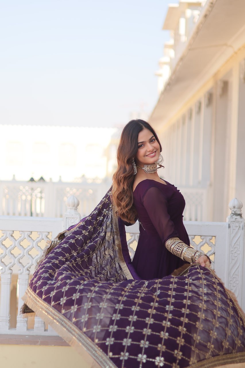 Lavish Purple Sequins Embroidered Anarkali Flared Kurti Set