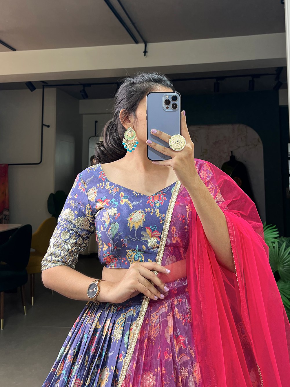 Purple chinon lehenga choli with digital print and embroidery sequins work
