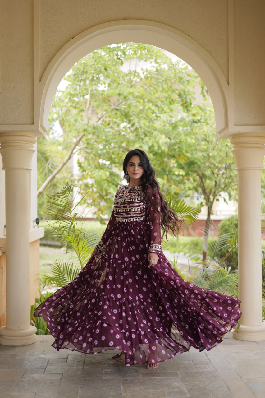 Lavanya Purple Faux Georgette Bandhani Kutchi Patchwork Gown
