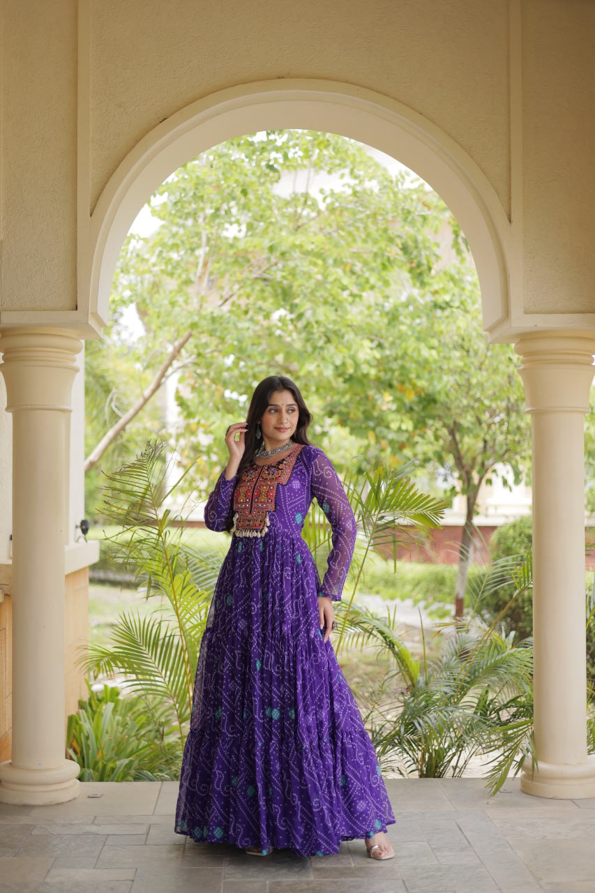 Ira Purple Faux Georgette Bandhani Kutchi Patchwork Gown