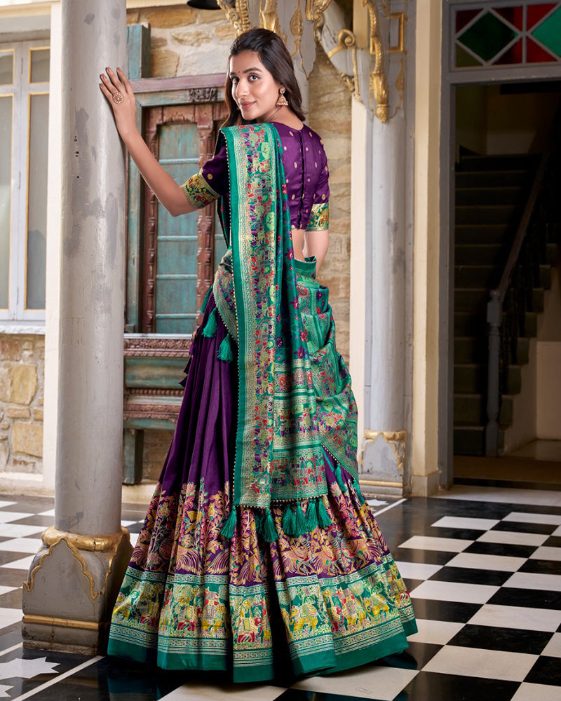 Purple Silk Printed Foli Work Semi-Stitched Half Saree Lehenga