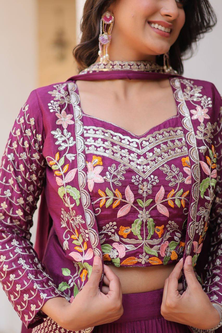 Maanvi purple festive wear embroidered lehenga choli with koti