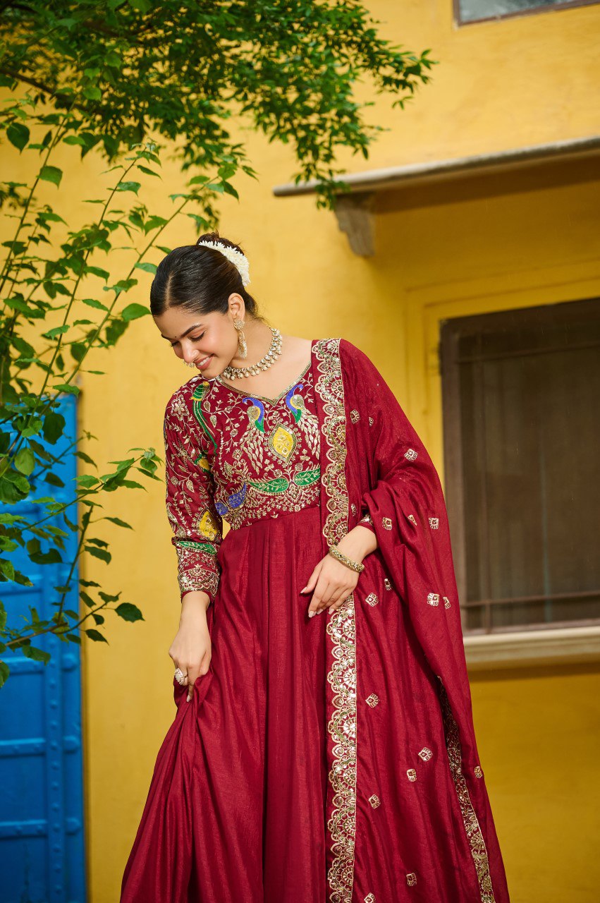 Maroon Vichitra Silk Multi Thread Zari Embroidery Gown with Dupatta
