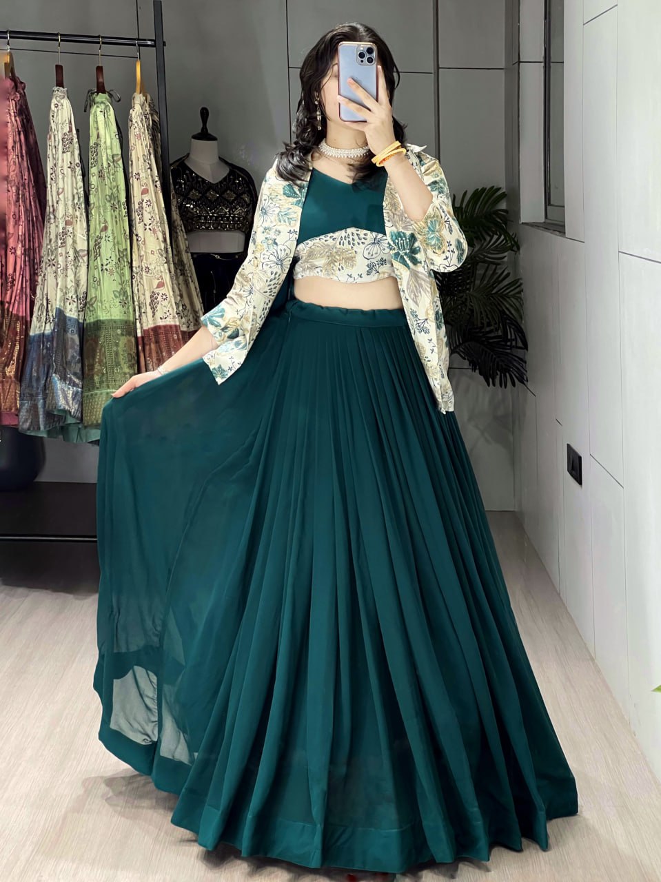 Alka Teal Green Color Georgette Foil Printed Lehenga Choli with Koti