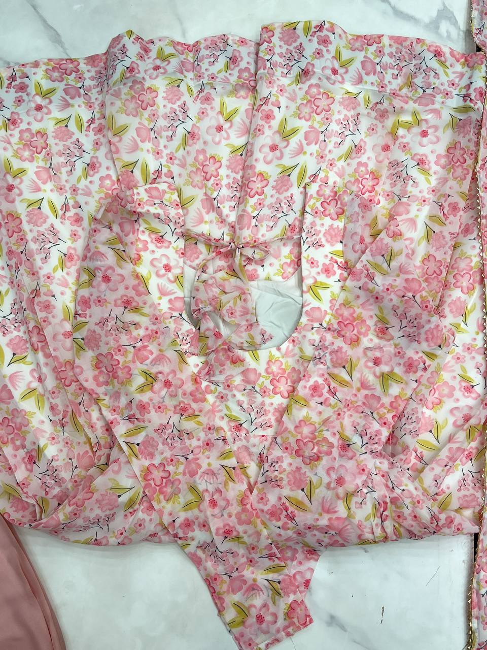 Pink Orange Chiffon Floral Print Anarkali Set with Dupatta