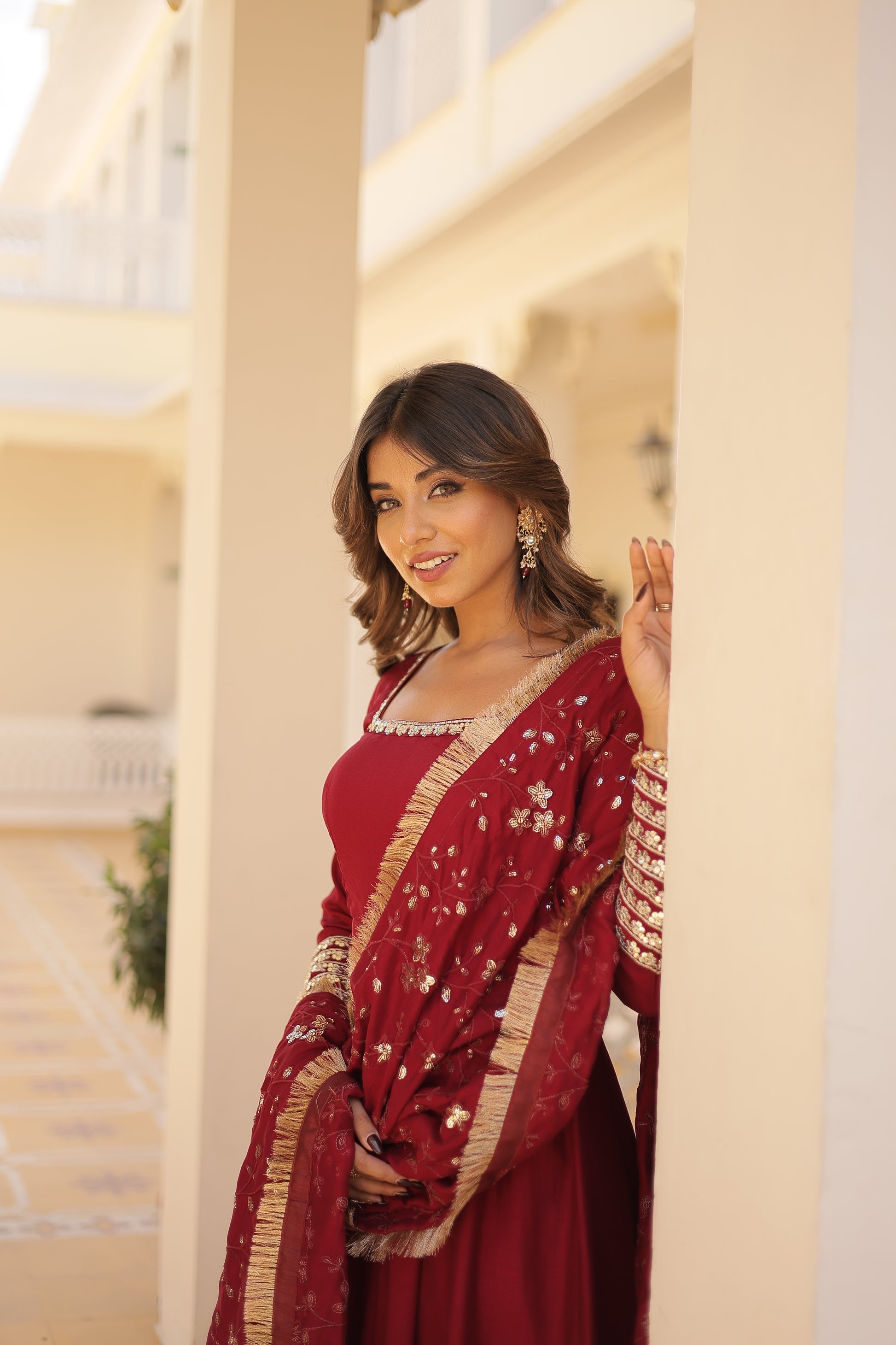 Aparajita Maroon Vichitra Silk Anarkali Gown Set