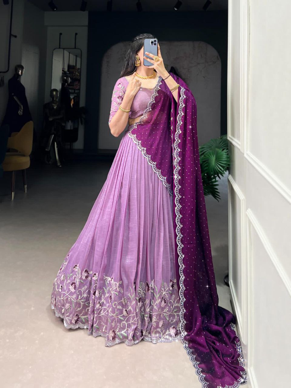 Lavender Silver Glossy Embroidered with Hotfix Work Lehenga Choli