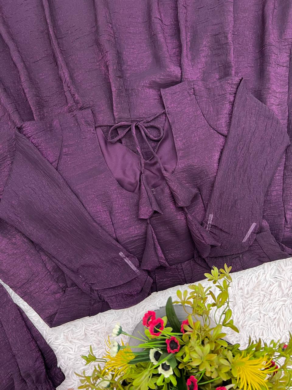 Tiya purple Fandy Silk Anarkali suit with 4.5-meter flair, full sleeves & embroidered dupatta – stitched & ready for weddings, parties & festive wear.