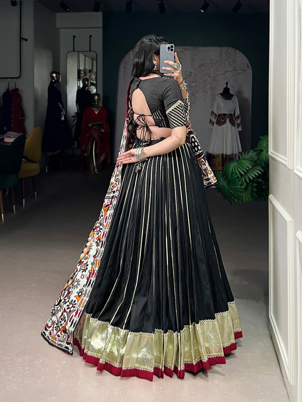 Black Chanderi Zari Weaving and Embossed Lace Lehenga Choli