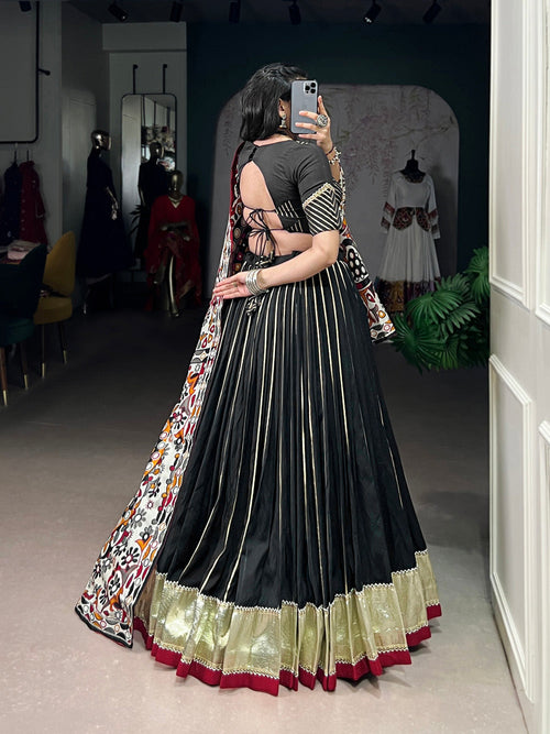 Black Chanderi zari weaving and embossed lace lehenga choli