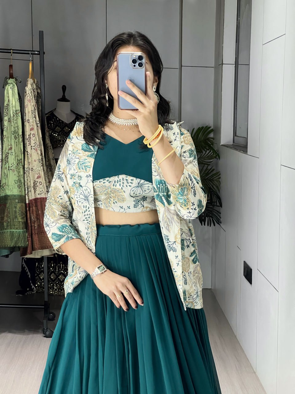 Alka Teal Green Color Georgette Foil Printed Lehenga Choli with Koti