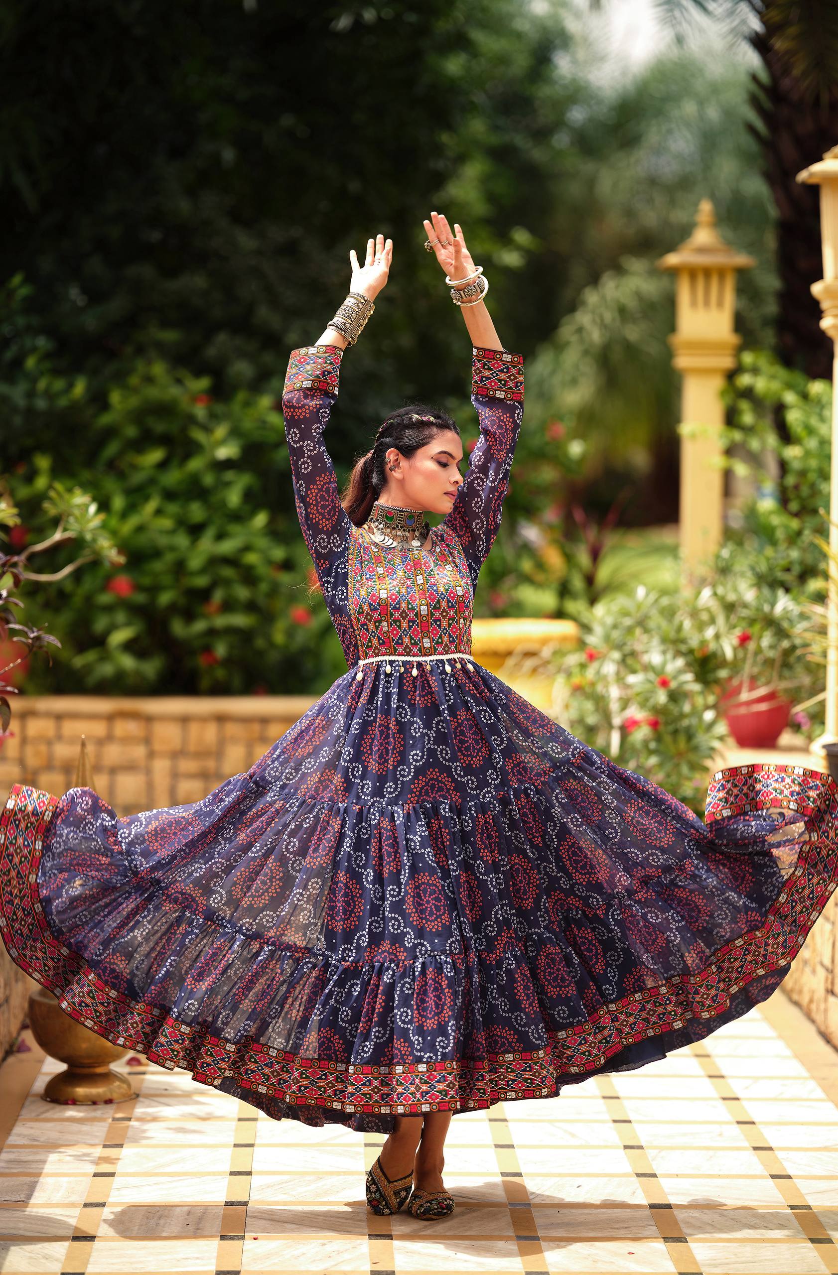 Navy Blue Faux Georgette Gamthi Jacquard Weaving Lace Border Three Layer Ruffle Flair Gown