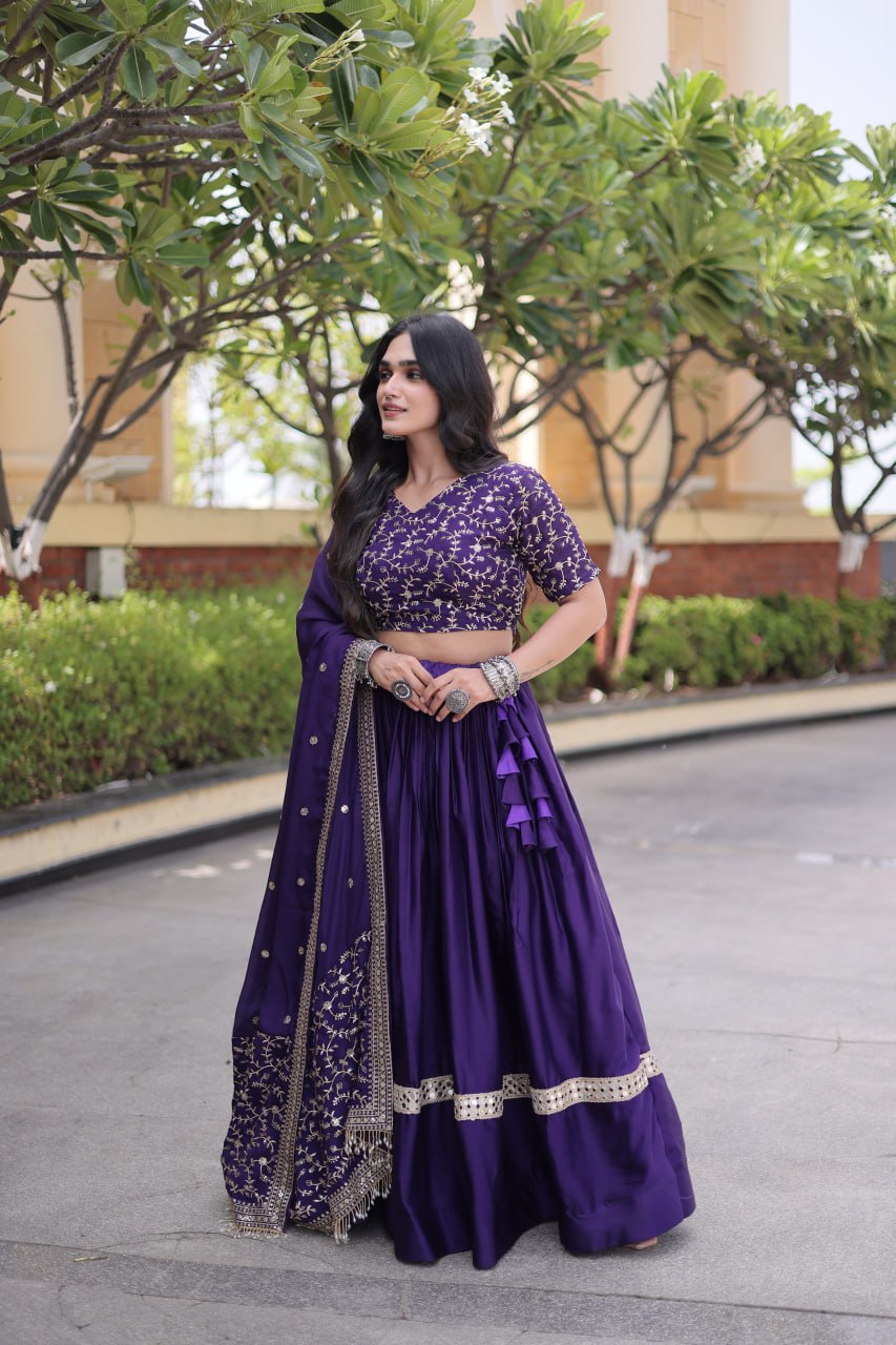 Subhadra Purple Glory Satin Embroidery Zari Sequins Lehenga
