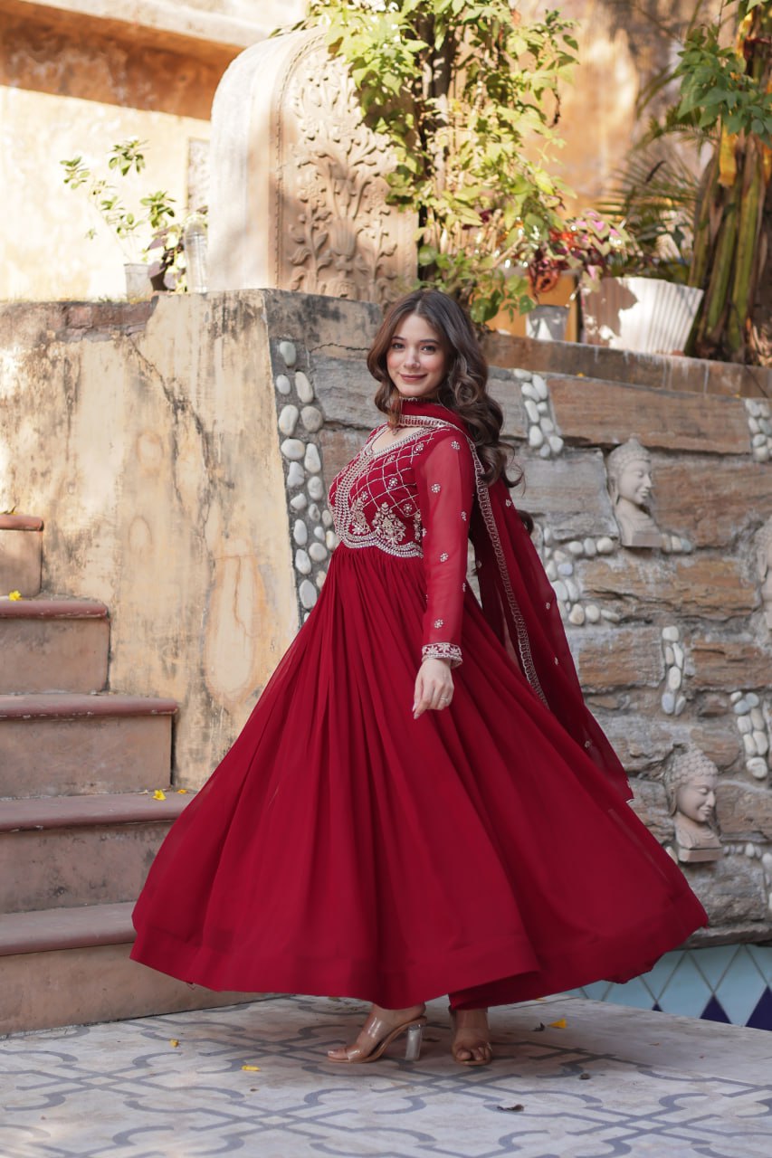 Chamvika Maroon Embroidered Gown Set with Dupatta – long gown for women, party wear gown for wedding, Indian gown for women, maroon gown for engagement, full sleeve ethnic gown, designer gown with dupatta, sequin gown for festival, traditional wear for women, Indo western gown online, stylish Indian dress for sangeet function, ready-to-wear ethnic gown for women.
