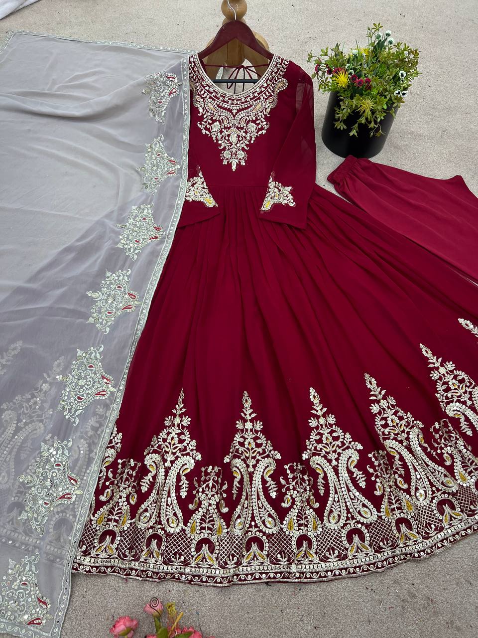 Tejvini Maroon Georgette Embroidered Gown with Dupatta