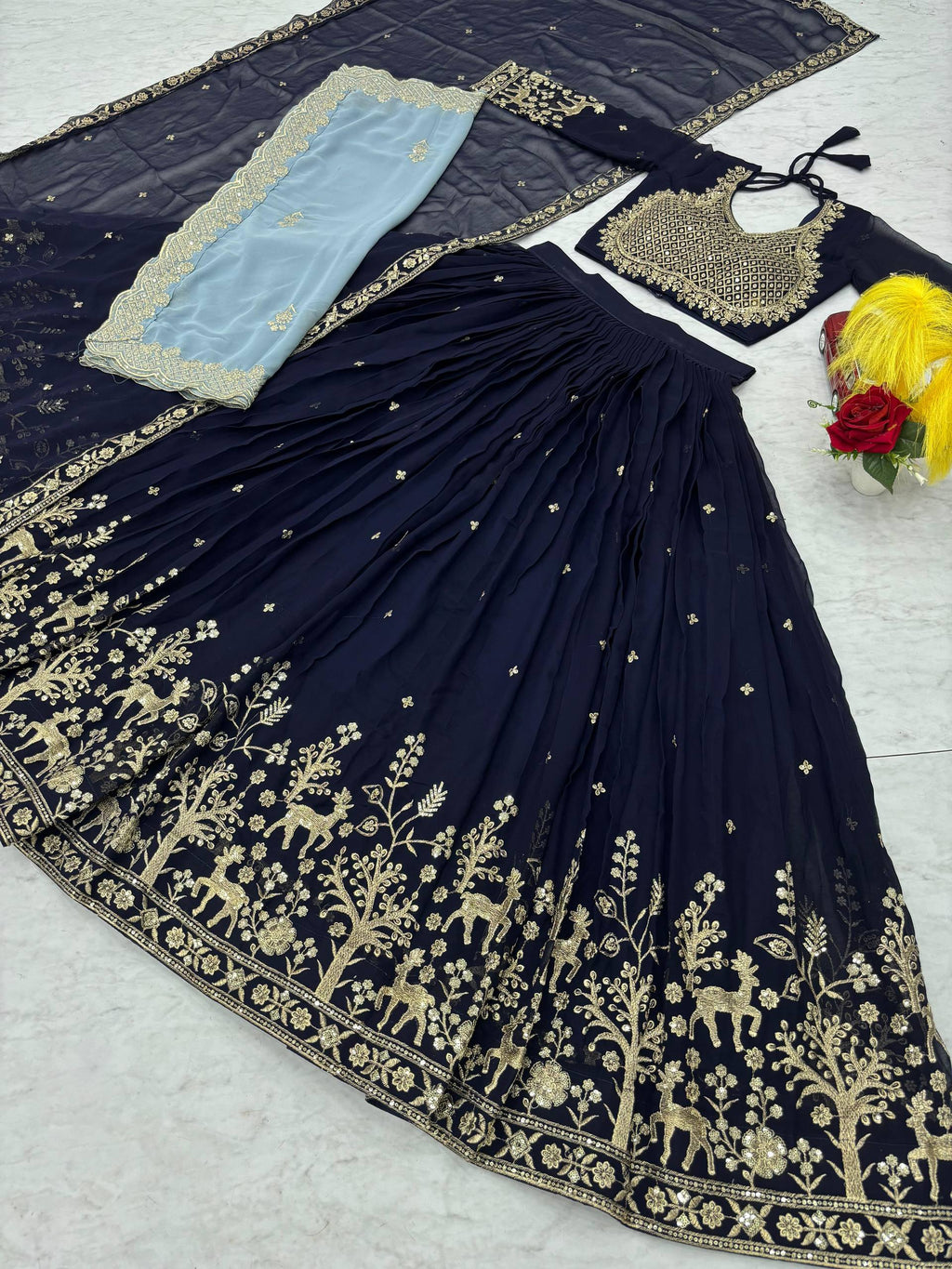 Navy Blue Fox Georgette Heavy Embroidered Designer Lehenga Choli with Dupatta