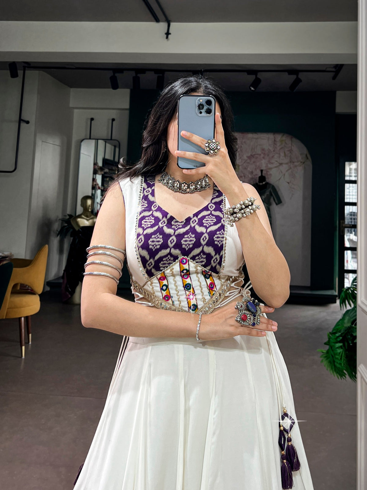 Ishani White Rayon Heritage Print Gamthi Mirror Lehenga