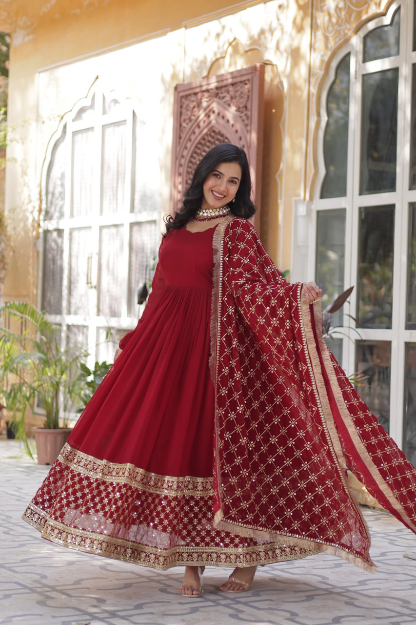 Avishka Maroon Embroidered Anarkali Gown Set