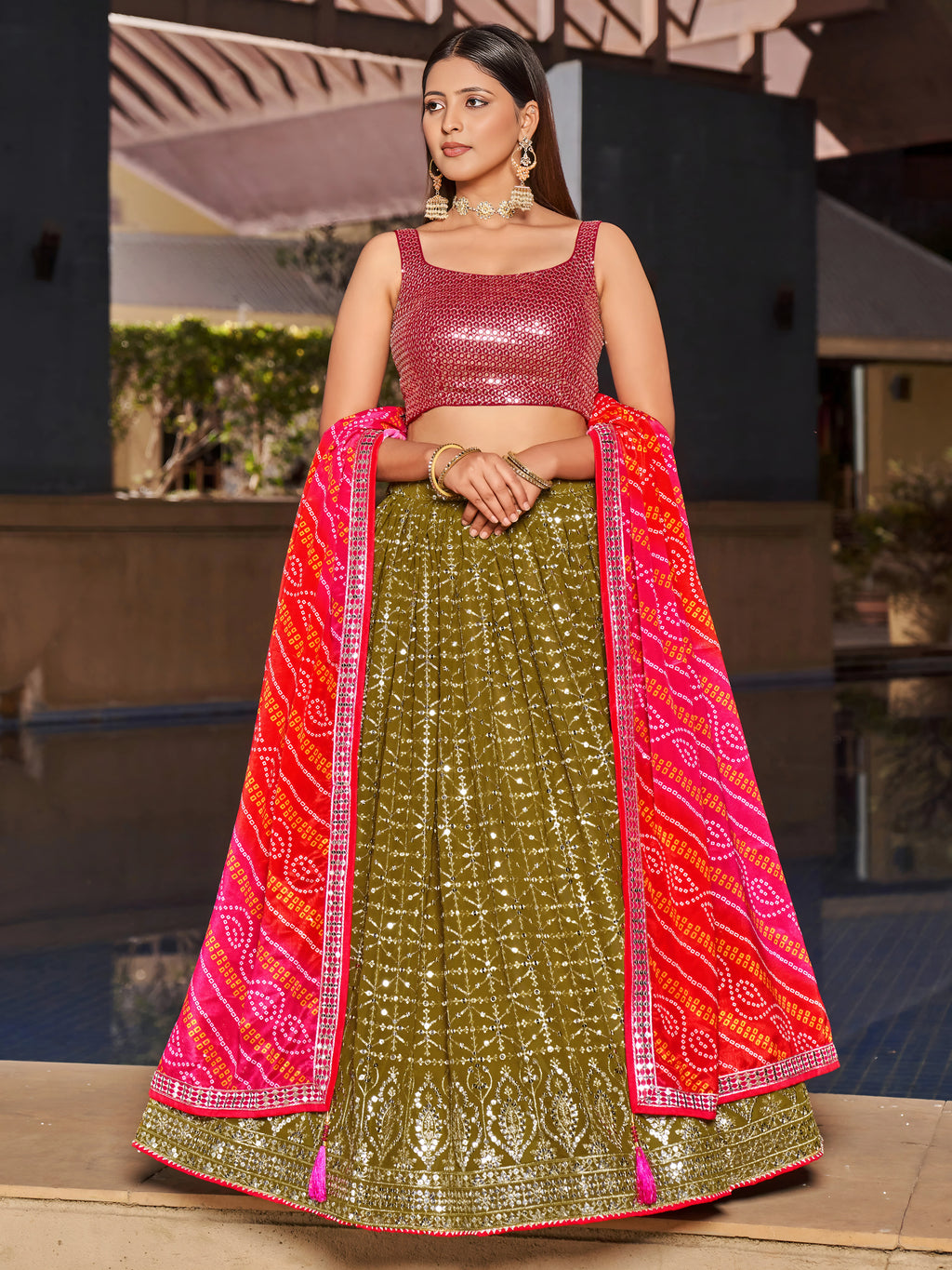 Navya Olive Green Color Embroidered Lehenga Choli with Bandhani Dupatta