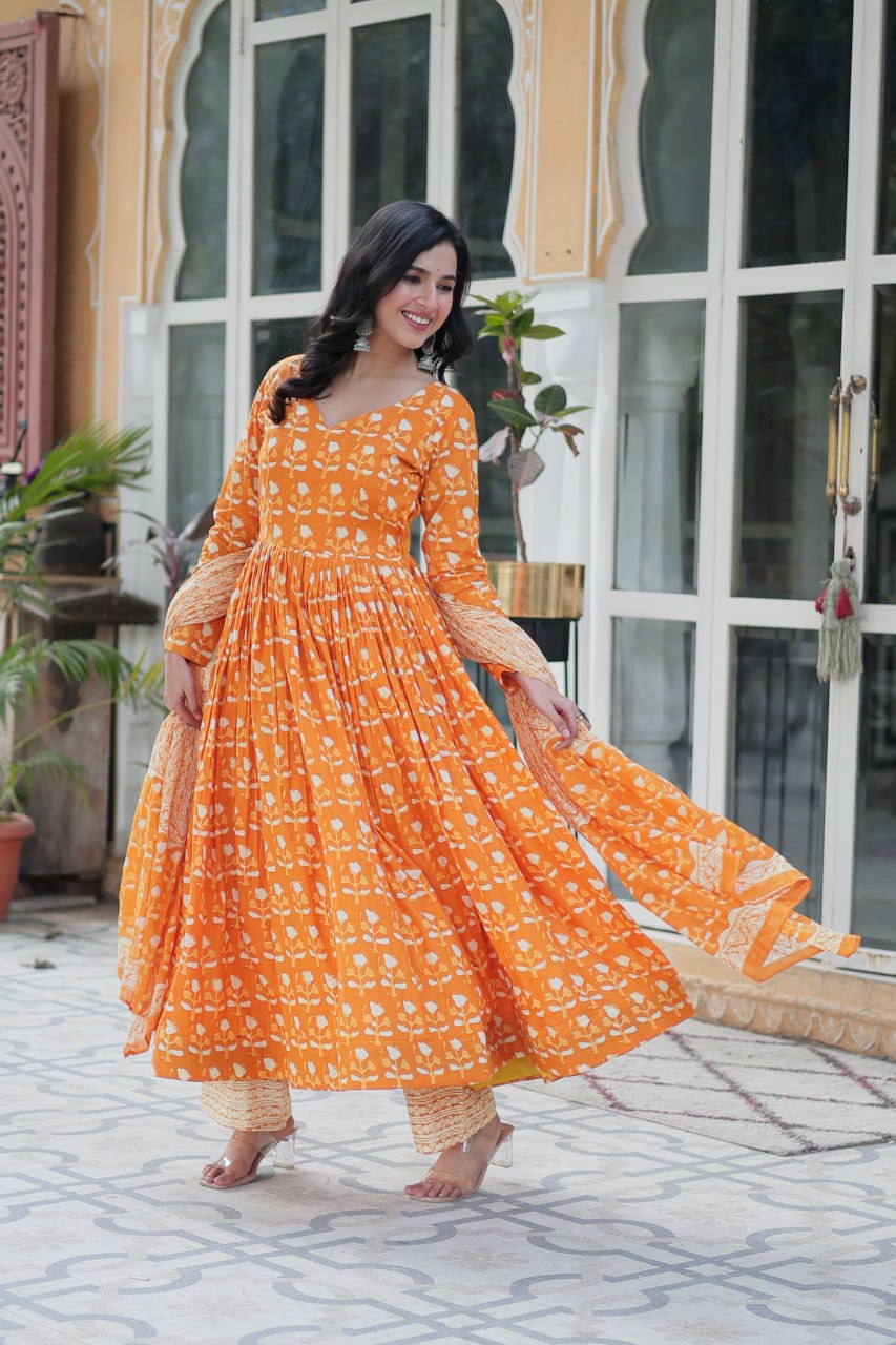 Ridhvini Orange Pure Cotton Printed Anarkali Set