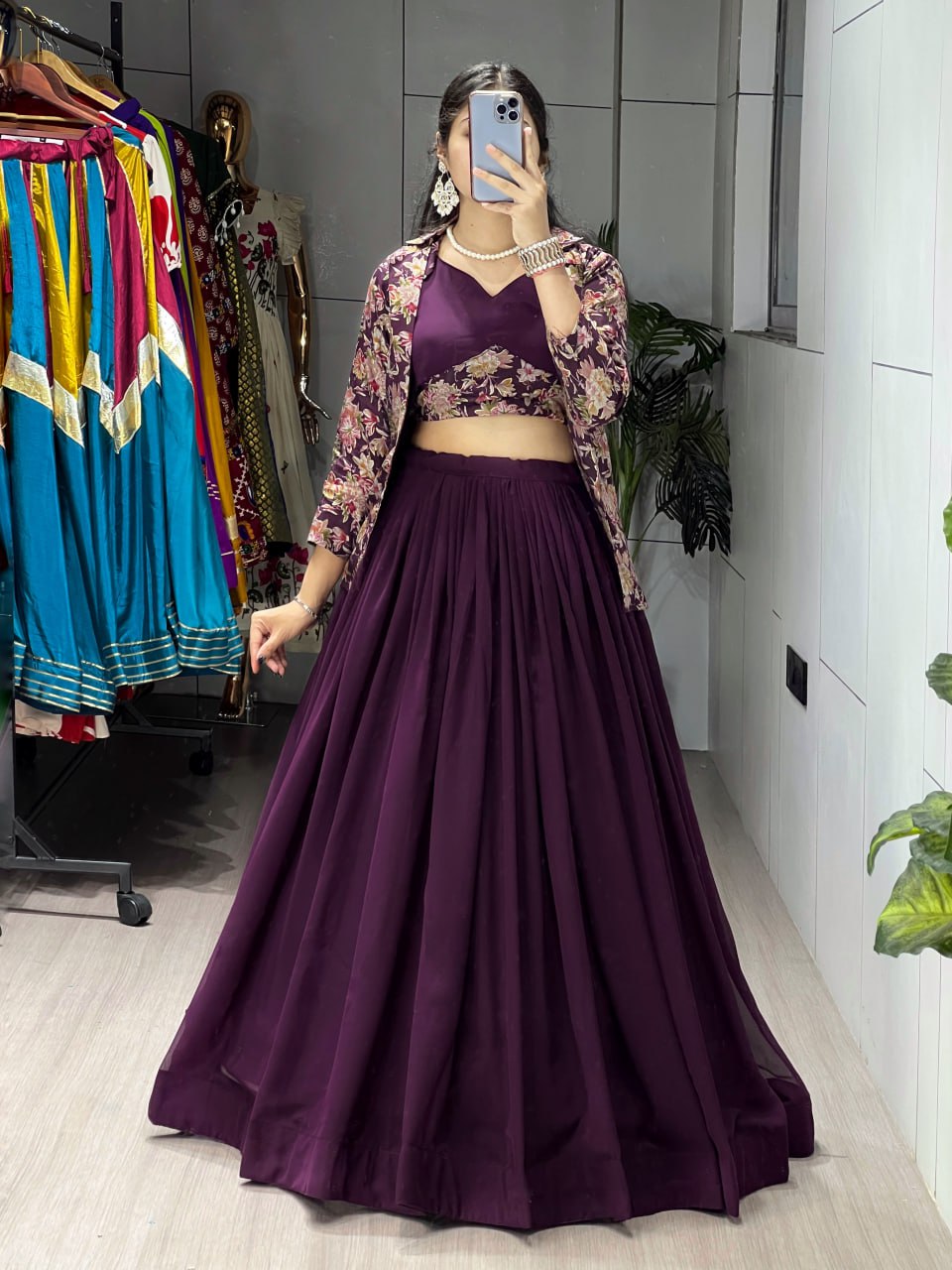 Purple georgette foil print lehenga choli with Chanderi koti