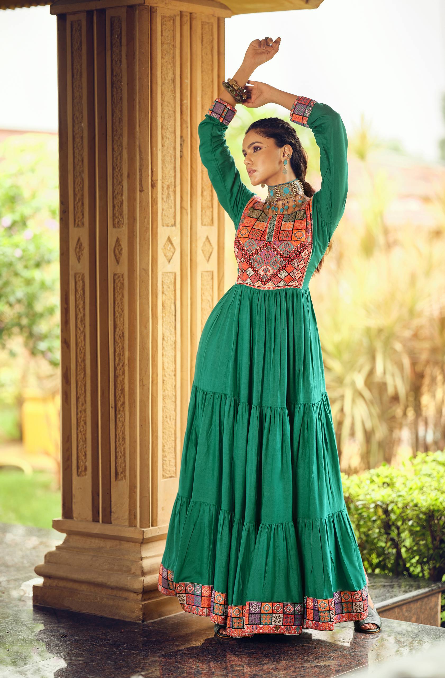 Emerald Green Pure Rayon Gamthi Jacquard Weaving Lace Border Three Layer Ruffle Flair Gown