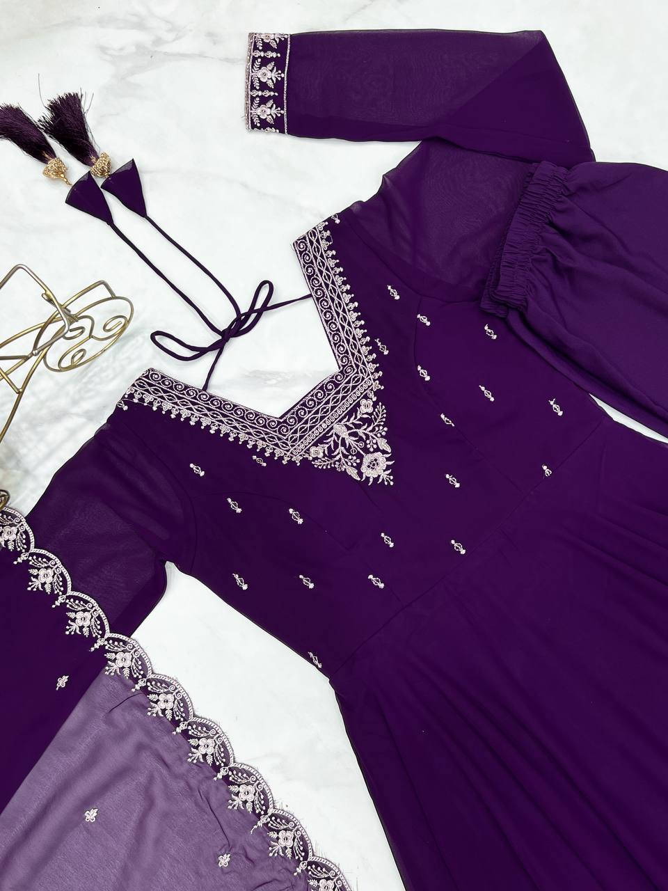 Purple Anarkali suit in soft Fox Georgette with 6.5-meter flair, zari & beads embroidery, lace sleeves & dupatta – stitched & ready-to-wear.