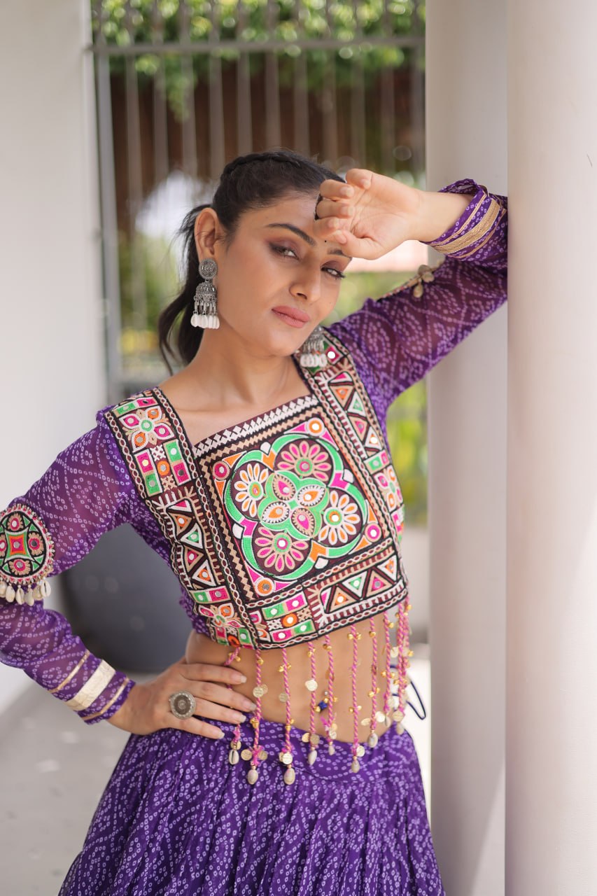 Anjali Purple Faux Georgette Bandhani Kutchi Patchework Lehenga