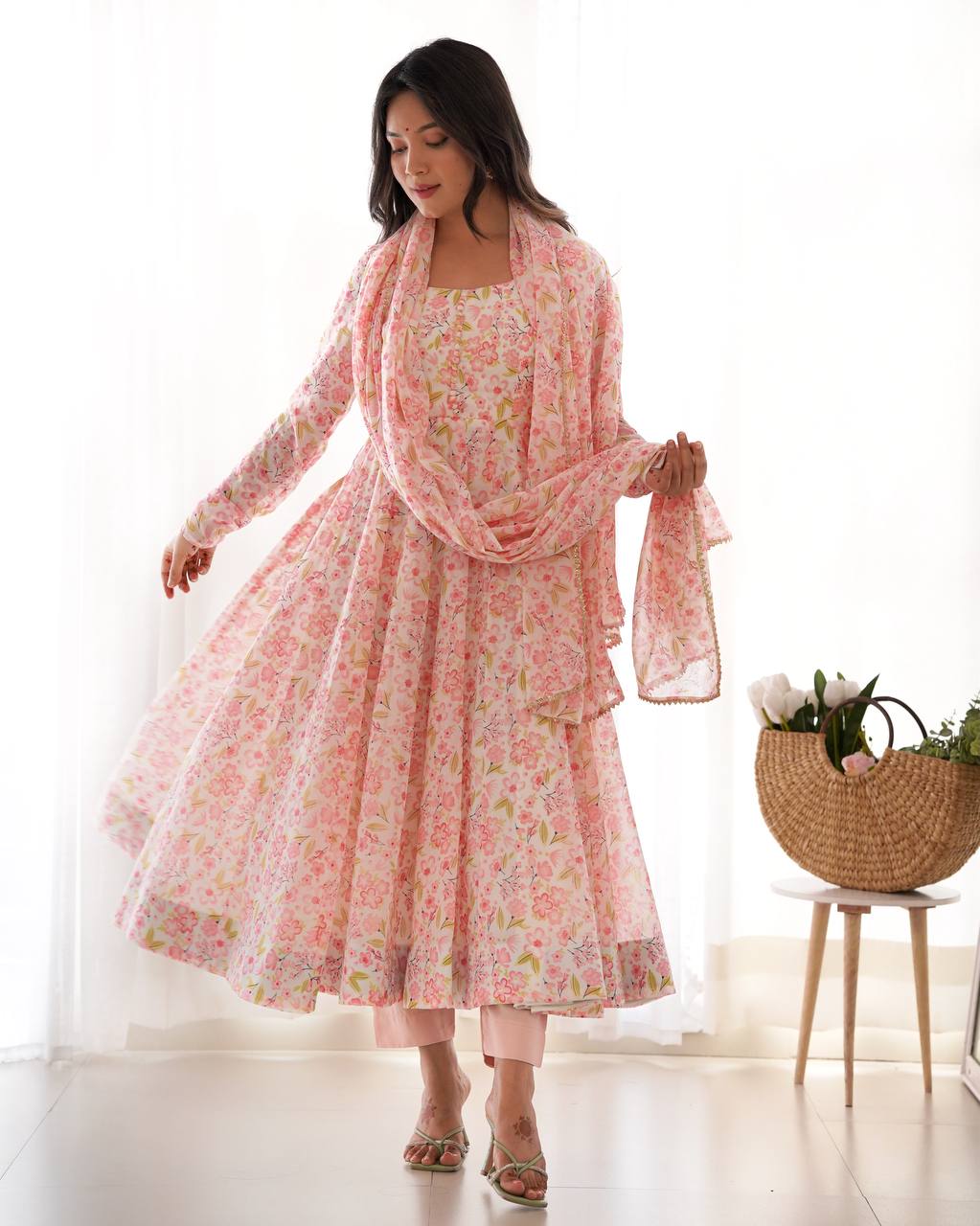 Pink Orange Chiffon Floral Print Anarkali Set with Dupatta