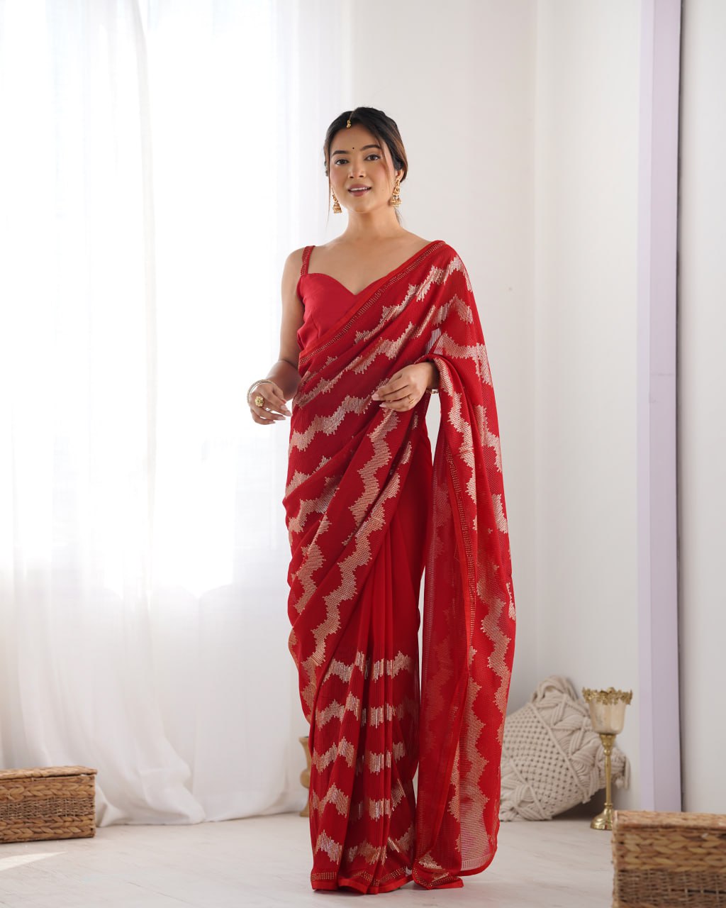 Red georgette saree with sequin & Seroski diamond work, bridal party wear saree with satin blouse, designer ethnic wear by Trinaari for weddings.