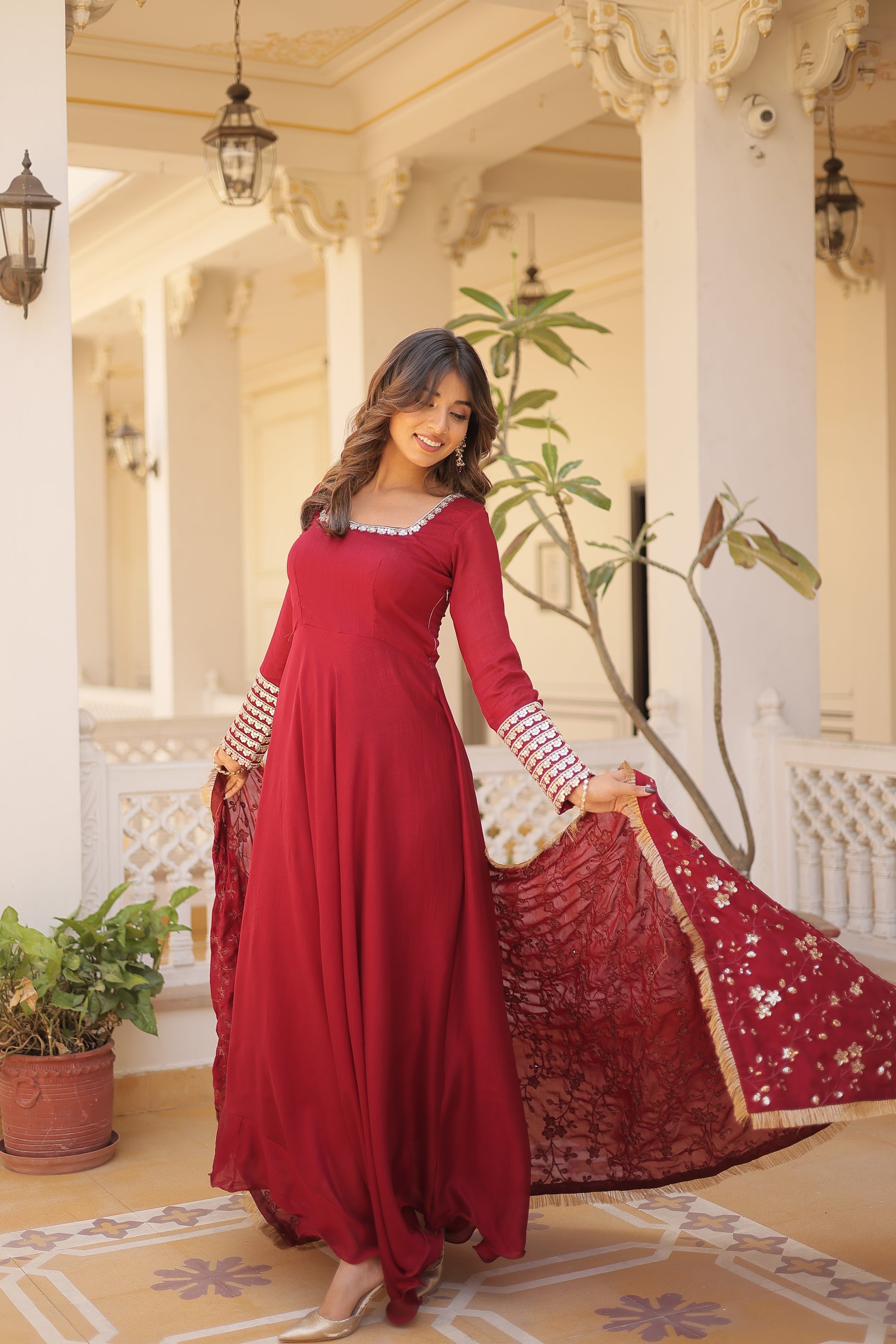 Aparajita Maroon Vichitra Silk Anarkali Gown Set