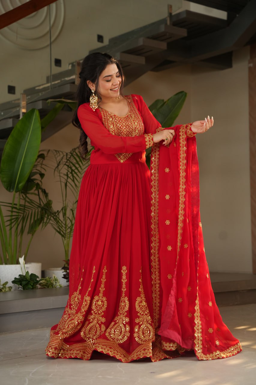 Red party wear gown with dupatta, Indian wedding dress, embroidered gown for women, full sleeve gown design—Trinaari stitched ethnic outfit.