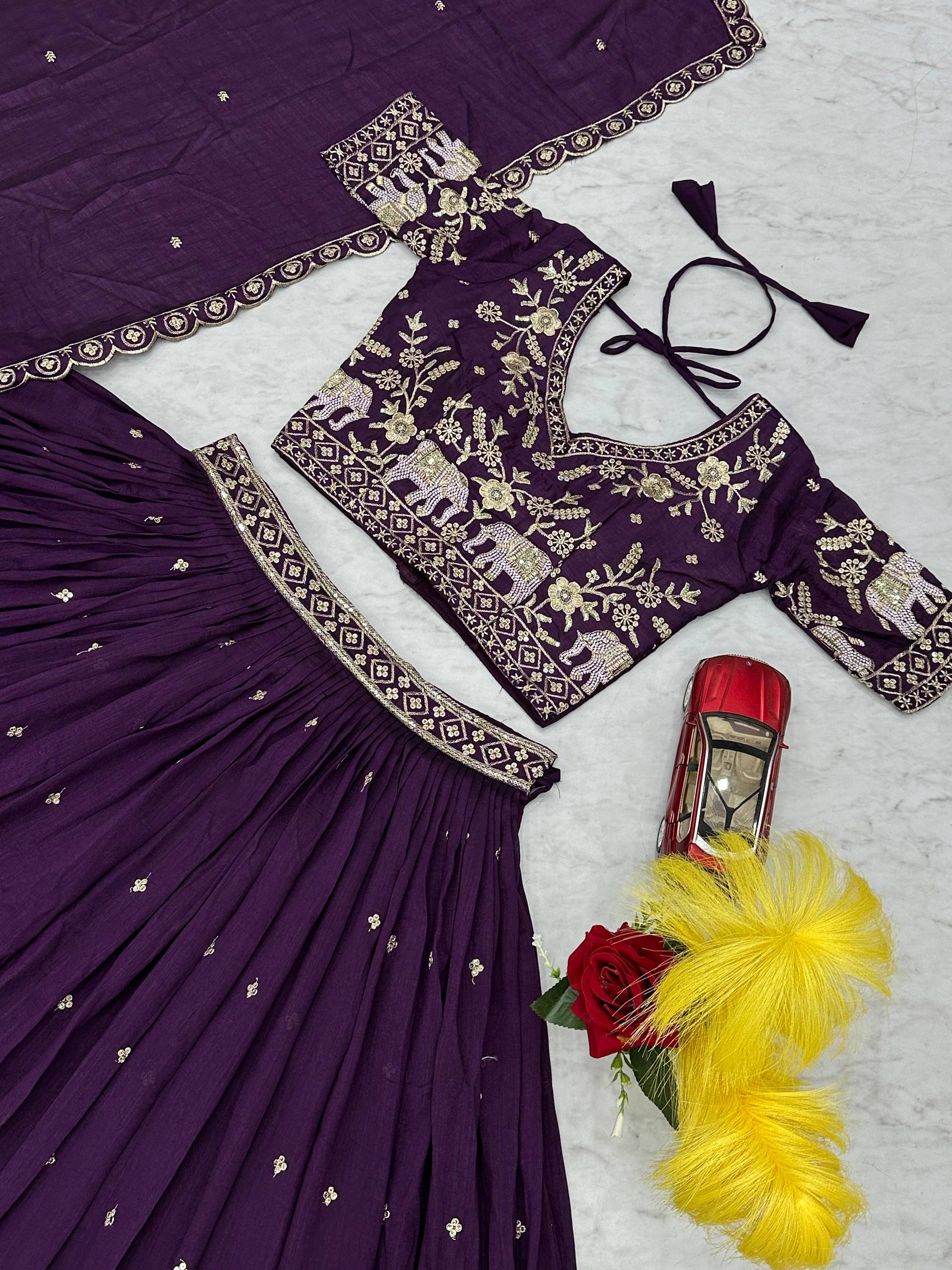 Gopi Deep Purple Color Vichitra Silk Embroidery Sequins Thread Work Lehenga Choli