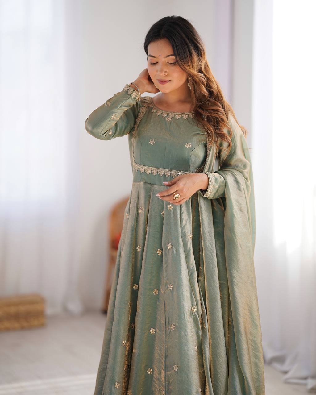 Neelika Sage Green Anarkali Suit Set – designer anarkali suit for women, green ethnic suit set, sequin embroidered gown dress, plus size Indian wear, traditional Indian outfits, wedding guest suit set, long anarkali gown with dupatta, stitched anarkali for party wear, green gown for haldi mehendi, readymade Indian suits for women.